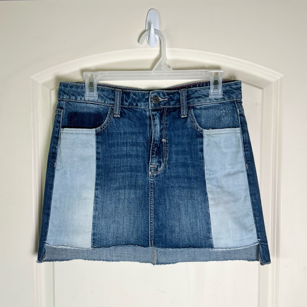 Cello Two-Tone Denim Mini Skirt | Patchwork Colorblock Distressed Y2K Style Med